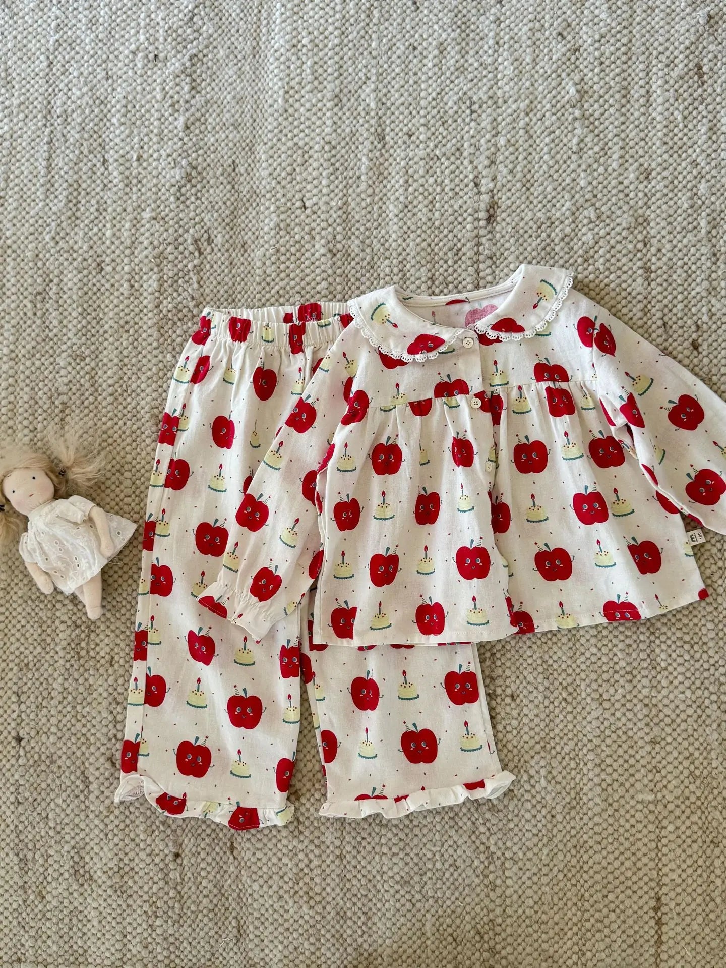 -キッズパジャマセット アップルりんご/うさぎバニープリント長袖ブラウス+ロングパンツ 3カラー - mamahalo shop - 長袖パジャマ - べビー服 - 子供服 - 男の子 - 女の子