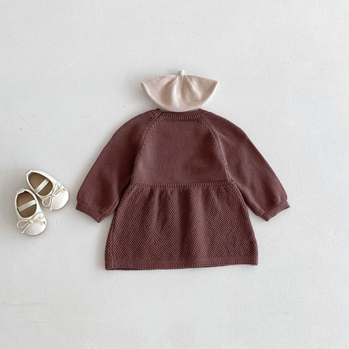 -キッズワンピース シンプルベーシックニット長袖ワンピース ブラウン - mamahalo shop - 長袖ワンピース - べビー服 - 子供服 - 男の子 - 女の子