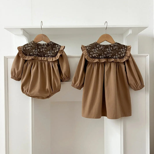 -ベビーロンパース/キッズワンピース レトロフラワービッグ襟長袖パフスリーブボディスーツ/ワンピース リンクコーデ 姉妹 お揃いコーデ - mamahalo shop - 長袖ロンパース - べビー服 - 子供服 - 男の子 - 女の子