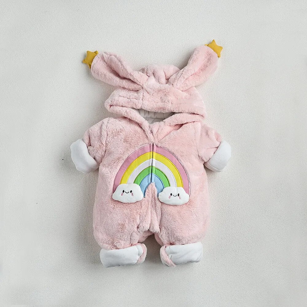 -ベビーアウタージャンプスーツ うさぎ バニー 耳付きフーディロンパース フリース ピンク ホワイト 2カラー ユニセックス 男の子 女の子 子供服 - mamahalo shop - アウタージャンプスーツ - べビー服 - 子供服 - 男の子 - 女の子