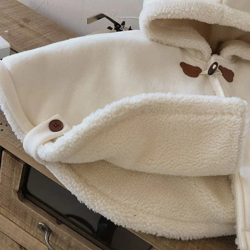 -ベビーアウター 耳付きフーディポンチョコート 裏ボアフリースマント ジャケット - mamahalo shop - ショートコート・ジャケット・ジャンパー - べビー服 - 子供服 - 男の子 - 女の子