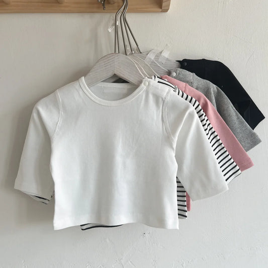 -ベビートップス 無地/ボーダー肩あき長袖Tシャツ シンプルベーシック - mamahalo shop - 長袖Tシャツ - べビー服 - 子供服 - 男の子 - 女の子