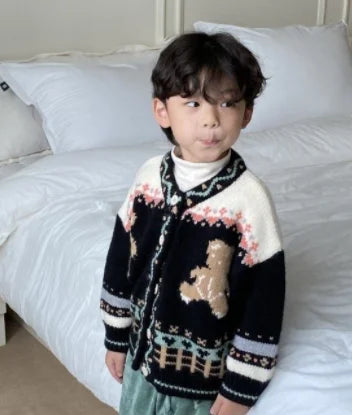 -ベビーカーディガン くまベア刺繍 ニットジャケット ブラック ベージュ ユニセックス 男の子 女の子 子供服 - mamahalo shop - カーディガン・パーカー - べビー服 - 子供服 - 男の子 - 女の子