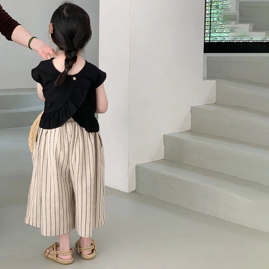 -キッズセットアップ 2点セット ノースリーブトップス+ストライプワイドルーズガウチョパンツ【mh0005789】 - mamahalo shop - ノースリーブセットアップ - べビー服 - 子供服 - 男の子 - 女の子