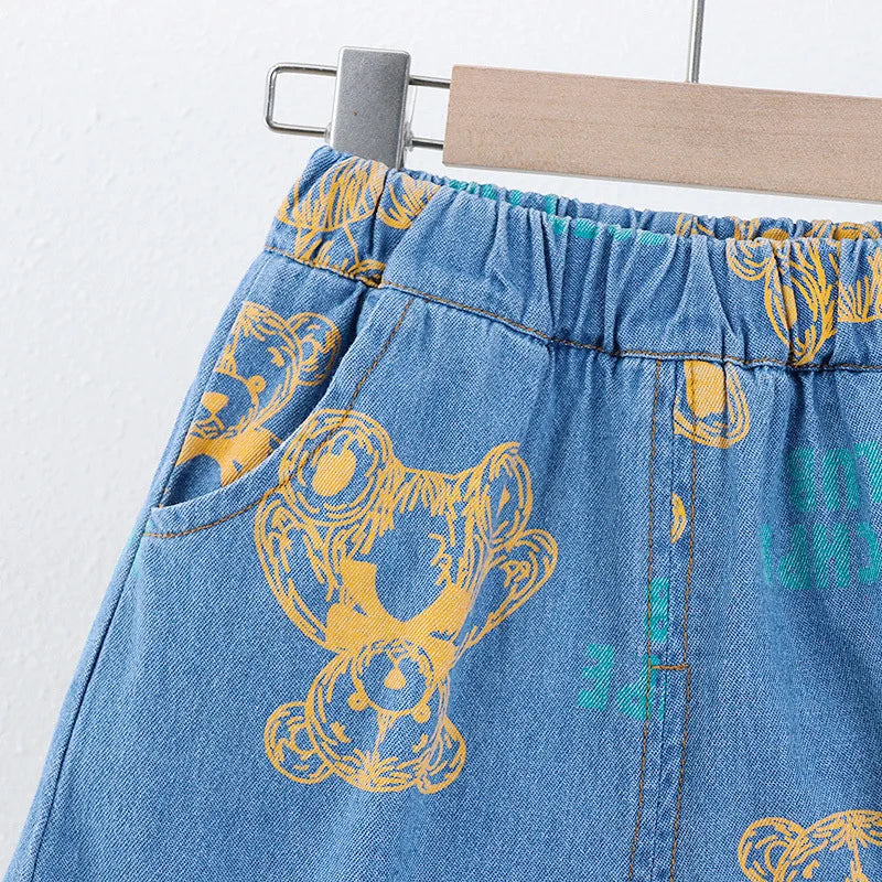 -☺︎ キッズセットアップ 2点セット デニム 半袖シャツ+ショートパンツ ベアくまプリント - mamahalo shop - 半袖セットアップ - べビー服 - 子供服 - 男の子 - 女の子