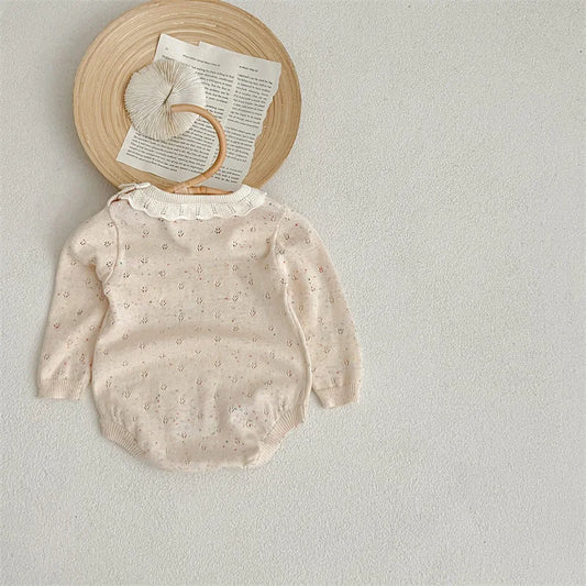 -ベビーロンパース レースニット 長袖ロンパース ベージュ - mamahalo shop - 長袖ロンパース - べビー服 - 子供服 - 男の子 - 女の子