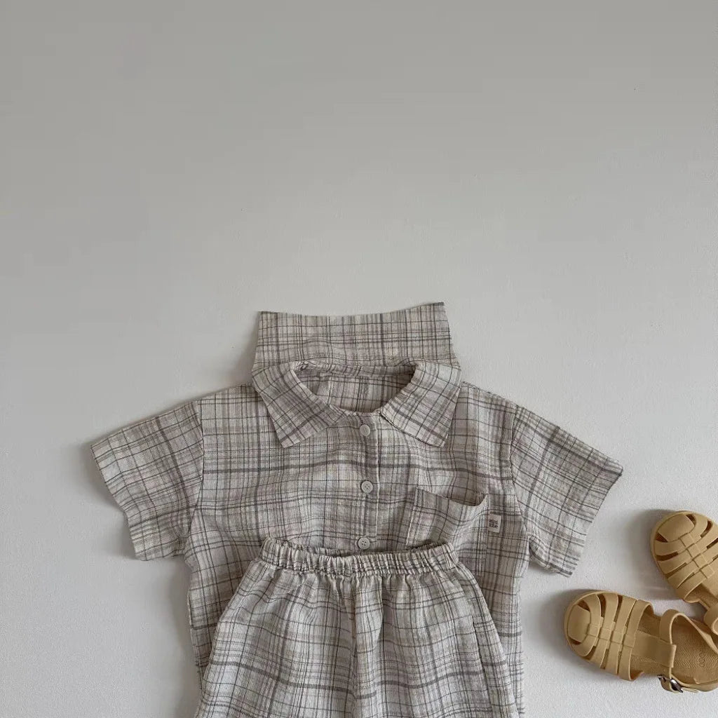-キッズセットアップ 2点セット 半袖シャツ+ショートパンツ レトロ 無地/チェック 2カラー【mh0005461】 - mamahalo shop - 半袖セットアップ - べビー服 - 子供服 - 男の子 - 女の子
