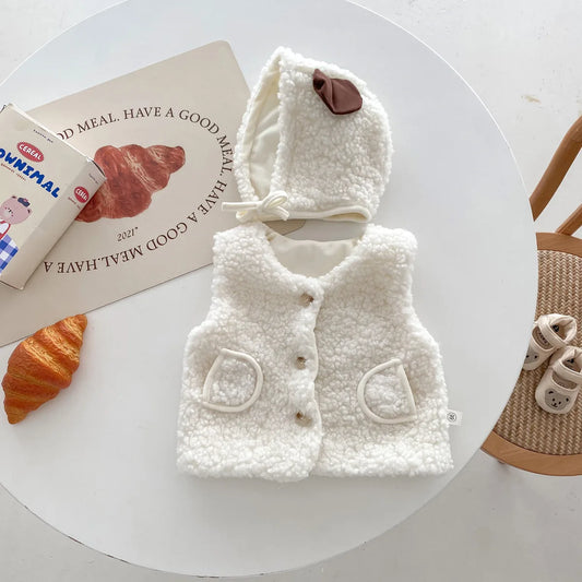 -ベビーアウター ボアフリース もこもこベスト 耳付き帽子セット コーヒー ホワイト 2カラー - mamahalo shop - ベスト - べビー服 - 子供服 - 男の子 - 女の子