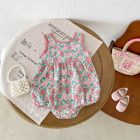 -ベビーロンパース ノースリーブボディスーツ フラワー花柄プリント リボン【mh0005096】 - mamahalo shop - ノースリーブロンパース - べビー服 - 子供服 - 男の子 - 女の子