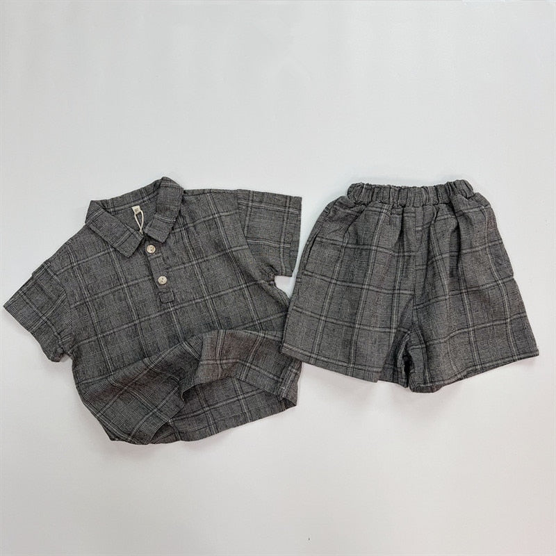 -キッズ グレンチェック セットアップ 半袖 シャツ ショートパンツ ベージュ ダークグレー ボーイズ - mamahalo shop - 半袖セットアップ - べビー服 - 子供服 - 男の子 - 女の子