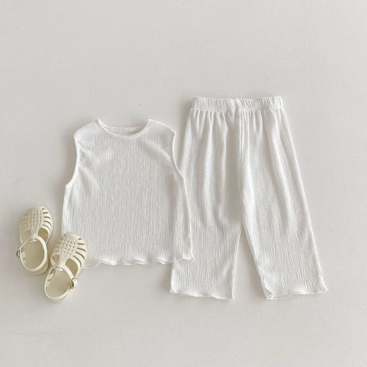 -キッズセットアップ 2点セット ノースリーブシャツ+ワイドルーズロングパンツ 無地 3カラー【mh0005573】 - mamahalo shop - ノースリーブセットアップ - べビー服 - 子供服 - 男の子 - 女の子