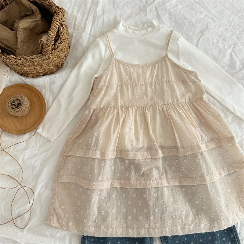 -キッズワンピース 刺繍レース重ね着キャミソールスリップドレス ベージュ - mamahalo shop - ノースリーブワンピース - べビー服 - 子供服 - 男の子 - 女の子