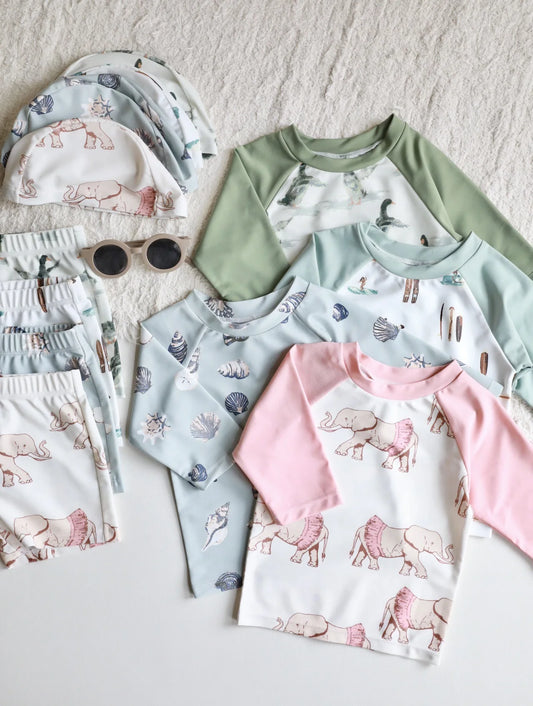 -2024年新作 キッズ水着 セパレート 長袖 ラッシュガード ガールズ/ボーイズスイムウェア 帽子セット【mh0005024】 - mamahalo shop - ベビー用水着 - べビー服 - 子供服 - 男の子 - 女の子