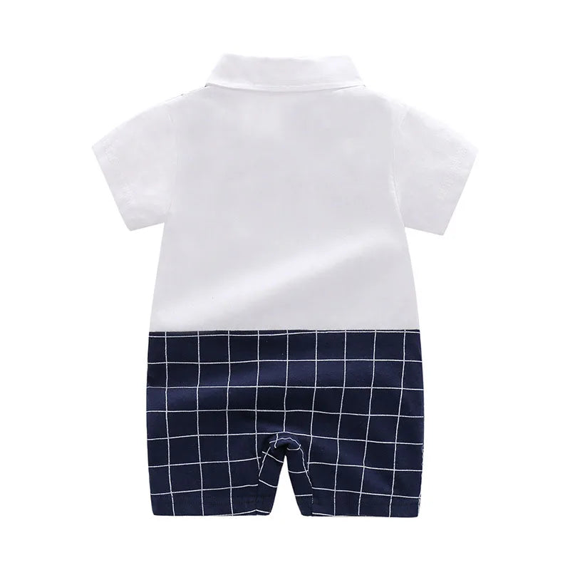 -ベビージャンプスーツ 半袖つなぎ サスペンダーパンツシャツドッキングロンパース 2柄【mh0004599】 - mamahalo shop - 半袖ジャンプスーツ - べビー服 - 子供服 - 男の子 - 女の子