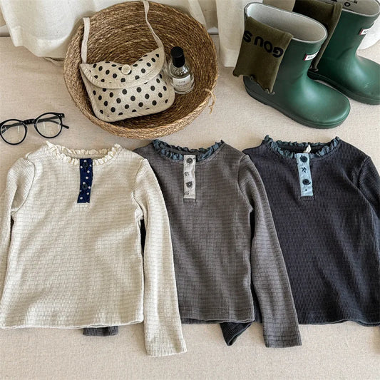 -キッズトップス 長袖Tシャツ レースヘンリーネック 3カラー - mamahalo shop - 長袖Tシャツ - べビー服 - 子供服 - 男の子 - 女の子