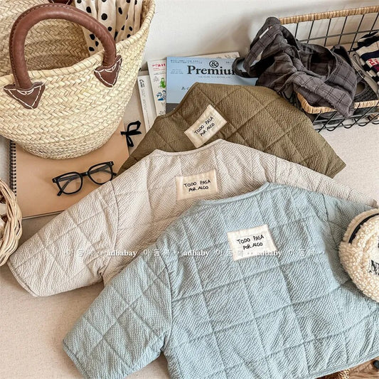 -キッズ キルティングジャケット ショートコート ジャンパー ベージュ スカイブルー アーミーグリーン 3カラー ユニセックス 男の子 女の子 子供服 - mamahalo shop - ショートコート・ジャケット・ジャンパー - べビー服 - 子供服 - 男の子 - 女の子