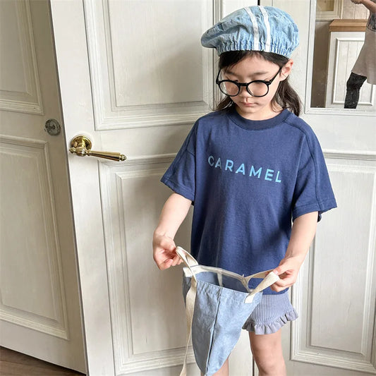 -キッズトップス 半袖プリントTシャツ CARAMEL レターロゴ 2カラー - mamahalo shop - 半袖Tシャツ - べビー服 - 子供服 - 男の子 - 女の子