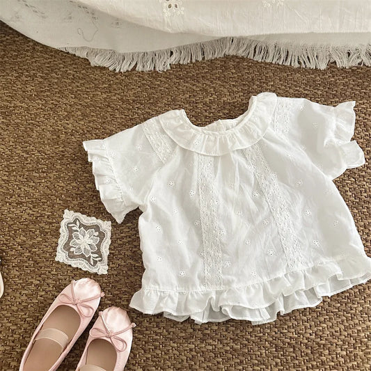 -キッズトップス 半袖ブラウス レース刺繍 ベージュ - mamahalo shop - 半袖シャツ・ブラウス - べビー服 - 子供服 - 男の子 - 女の子