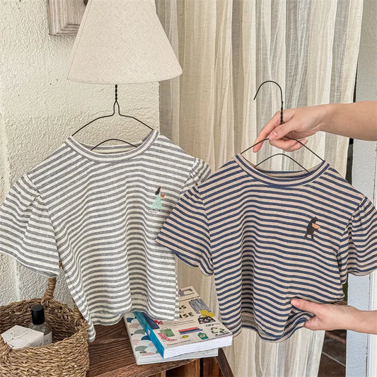 -キッズトップス 半袖ボーダーTシャツ ワンポイントプリント 2カラー【mh0005446】 - mamahalo shop - 半袖Tシャツ - べビー服 - 子供服 - 男の子 - 女の子