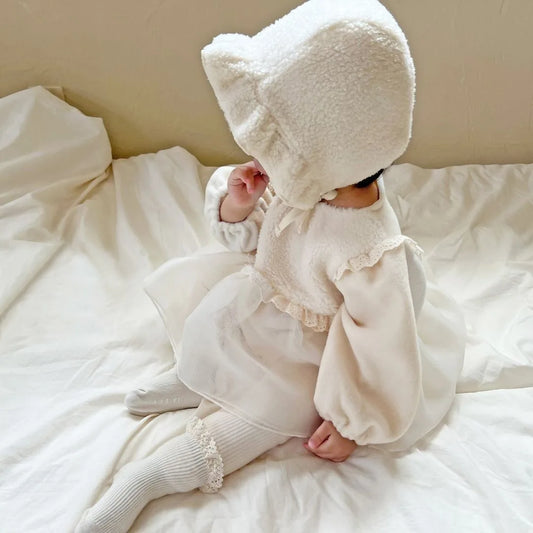 -ベビー長袖ロンパース ボンネットセット ボアフリースドッキングスカートロンパース 帽子セット お出かけ ホワイト ガールズ 女の子 子供服 - mamahalo shop - 長袖ロンパース - べビー服 - 子供服 - 男の子 - 女の子
