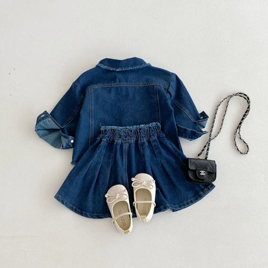 -キッズセットアップ 2点セット デニム長袖シャツ+ポケットアクセントデニムスカート - mamahalo shop - 長袖セットアップ - べビー服 - 子供服 - 男の子 - 女の子