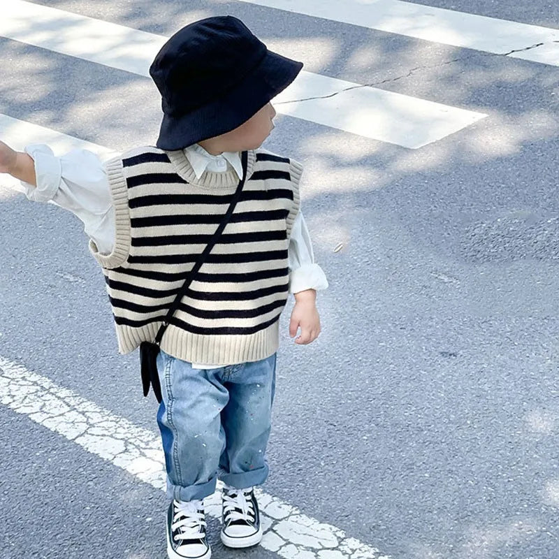 -キッズベスト ニットベスト ボーダー ルーズ - mamahalo shop - ベスト - べビー服 - 子供服 - 男の子 - 女の子