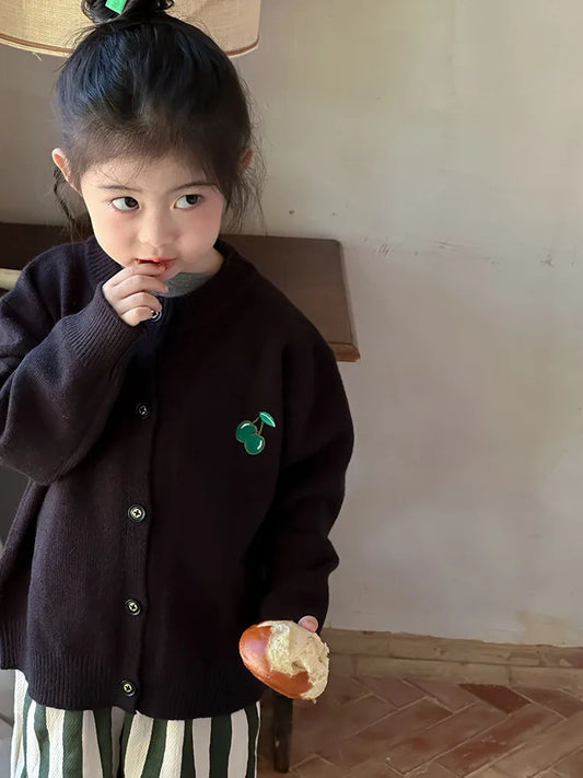 -キッズカーディガン ボーダー/無地チェリー刺繍ニットジャケット 2カラー - mamahalo shop - カーディガン・パーカー - べビー服 - 子供服 - 男の子 - 女の子