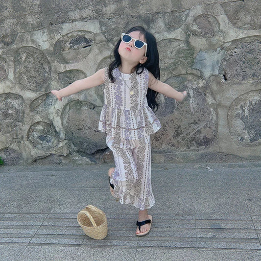 -キッズセットアップ 2点セット ノースリーブペプラムトップス+ワイドルーズパンツ【mh0005760】 - mamahalo shop - ノースリーブセットアップ - べビー服 - 子供服 - 男の子 - 女の子