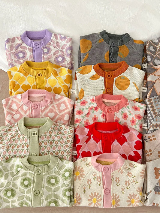 -ベビーカーディガン ニットジャケット ハート レトロフラワー 幾何学 15柄【mh0004142】 - mamahalo shop - カーディガン・パーカー - べビー服 - 子供服 - 男の子 - 女の子