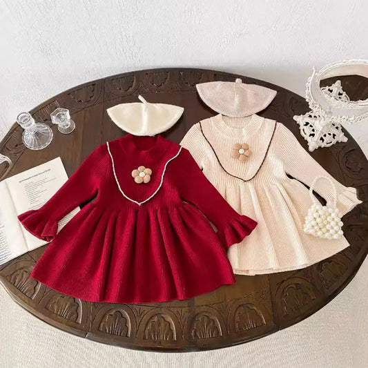 -ベビーキッズ フラワー長袖ベルスリーブニットワンピース 2カラー - mamahalo shop - 長袖ワンピース - べビー服 - 子供服 - 男の子 - 女の子