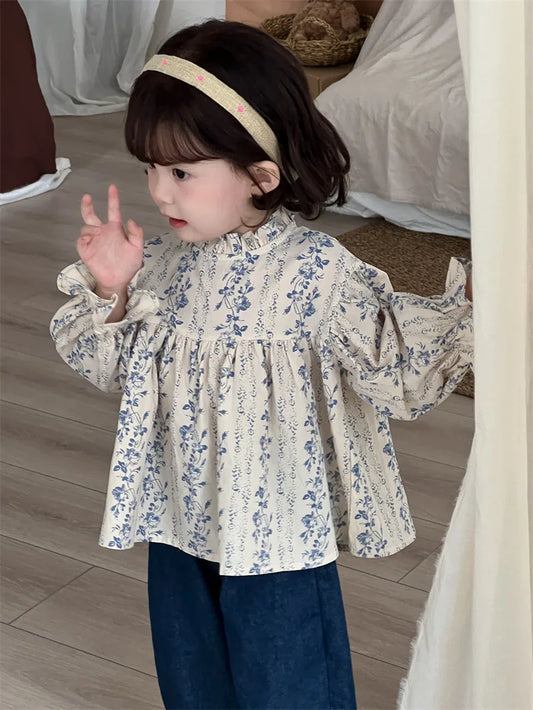 -キッズトップス フリルスタンドカラーフラワーストライププリント長袖パフスリーブチュニックブラウス - mamahalo shop - 長袖シャツ・ブラウス - べビー服 - 子供服 - 男の子 - 女の子