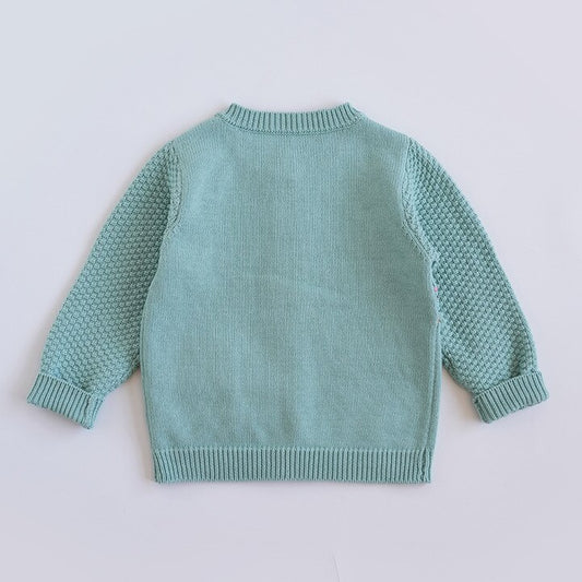 -キッズ うさぎ レインボー 刺繍 ニット ポケット カーディガン グリーン ガールズ - mamahalo shop - カーディガン・パーカー - べビー服 - 子供服 - 男の子 - 女の子