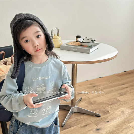-キッズトップス 長袖Tシャツ スウェットシャツ Butter スイーツ ロゴプリント 2カラー - mamahalo shop - 長袖Tシャツ - べビー服 - 子供服 - 男の子 - 女の子