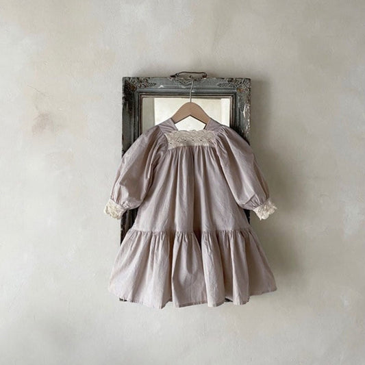 -キッズ レース スクエアネック 長袖 ワンピース ガールズ【mh0002443】 - mamahalo shop - 長袖ワンピース - べビー服 - 子供服 - 男の子 - 女の子