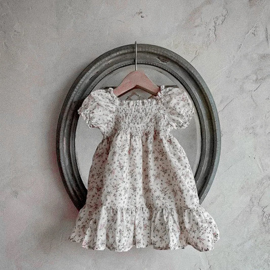 -ベビーワンピース 半袖パフスリーブ シャーリング サマードレス フラワー花柄プリント 3カラー【mh0005345】 - mamahalo shop - 半袖ワンピース - べビー服 - 子供服 - 男の子 - 女の子