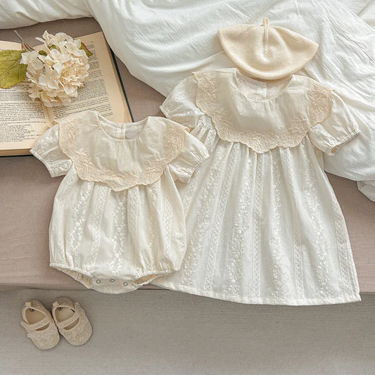 -ベビーロンパース/キッズワンピース 半袖 ビッグ襟 レースフラワー花柄刺繍 リンクコーデ 姉妹 お揃いコーデ【mh0005325】 - mamahalo shop - 半袖ロンパース - べビー服 - 子供服 - 男の子 - 女の子