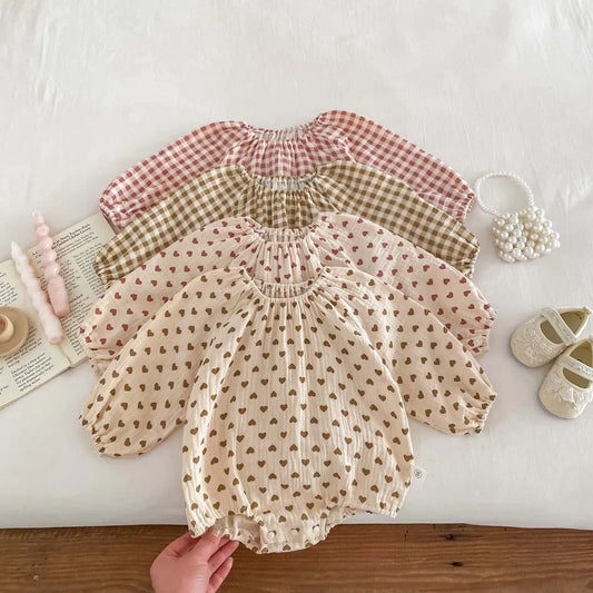 -☺︎ ベビーロンパース 長袖ルーズボディスーツ ハート チェックプリント柄 - mamahalo shop - 長袖ロンパース - べビー服 - 子供服 - 男の子 - 女の子