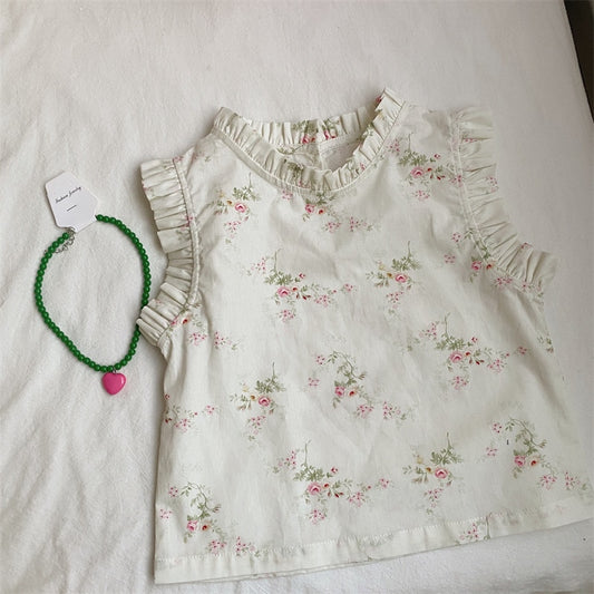 -キッズ フラワー 小花柄 無地 ラッフルフリル ノースリーブ ブラウス トップス アプリコットベージュ ホワイト ガールズ - mamahalo shop - タンクトップ・キャミソール・ノースリーブトップス - べビー服 - 子供服 - 男の子 - 女の子