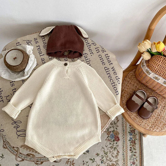 -ベビーロンパース 長袖ニットボディスーツ 鹿バンビ柄 耳付きニット帽 ボンネット - mamahalo shop - 長袖ロンパース - べビー服 - 子供服 - 男の子 - 女の子