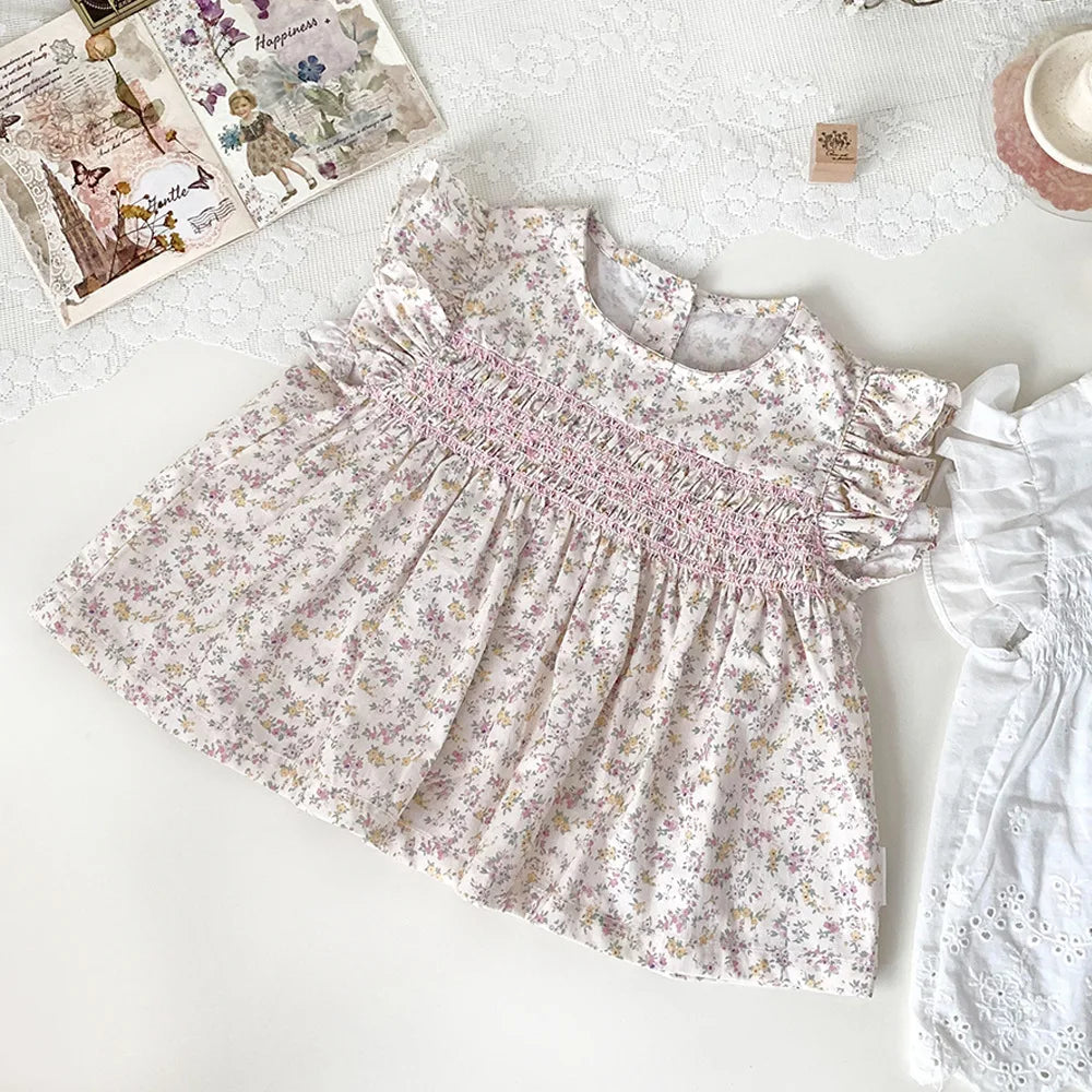 -ベビーキッズトップス フリルスリーブチュニックブラウス 無地/フラワー花柄プリント - mamahalo shop - 半袖シャツ・ブラウス - べビー服 - 子供服 - 男の子 - 女の子