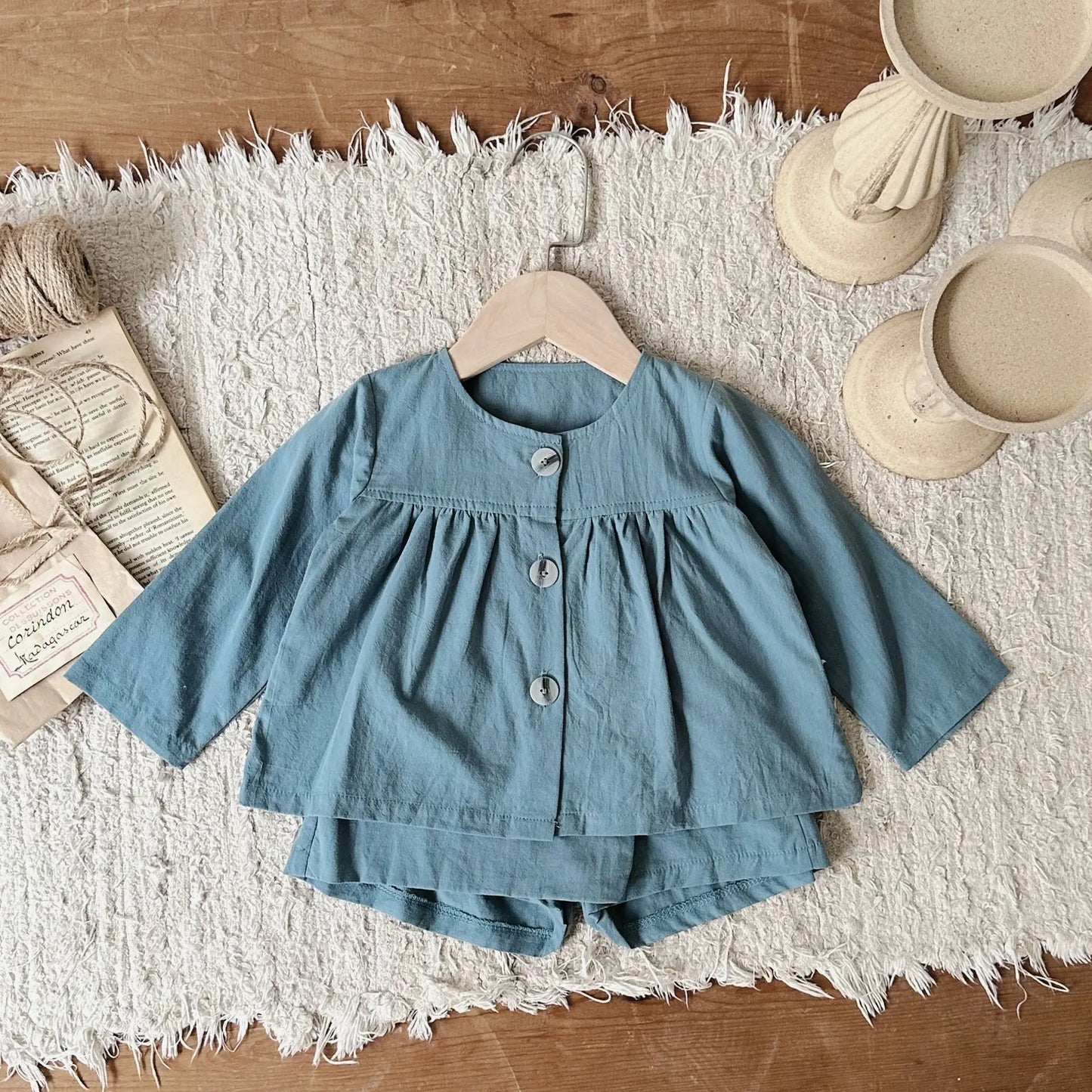 -ベビーセットアップ 2点セット 長袖チュニックブラウス+ラップショートパンツ 2カラー - mamahalo shop - 長袖セットアップ - べビー服 - 子供服 - 男の子 - 女の子