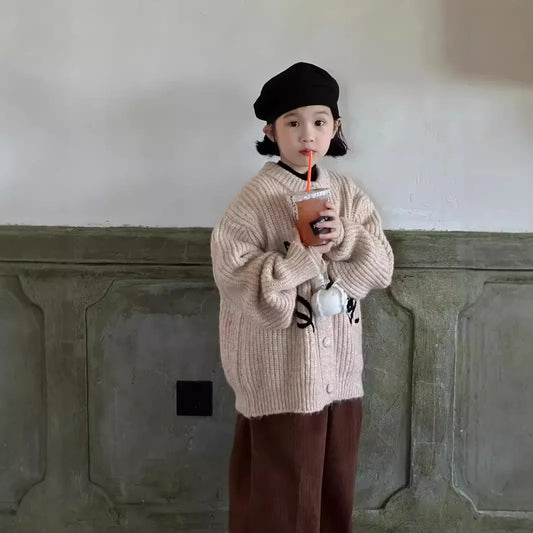 -キッズカーディガン アートフラワールーズニットジャケット アプリコット - mamahalo shop - カーディガン・パーカー - べビー服 - 子供服 - 男の子 - 女の子