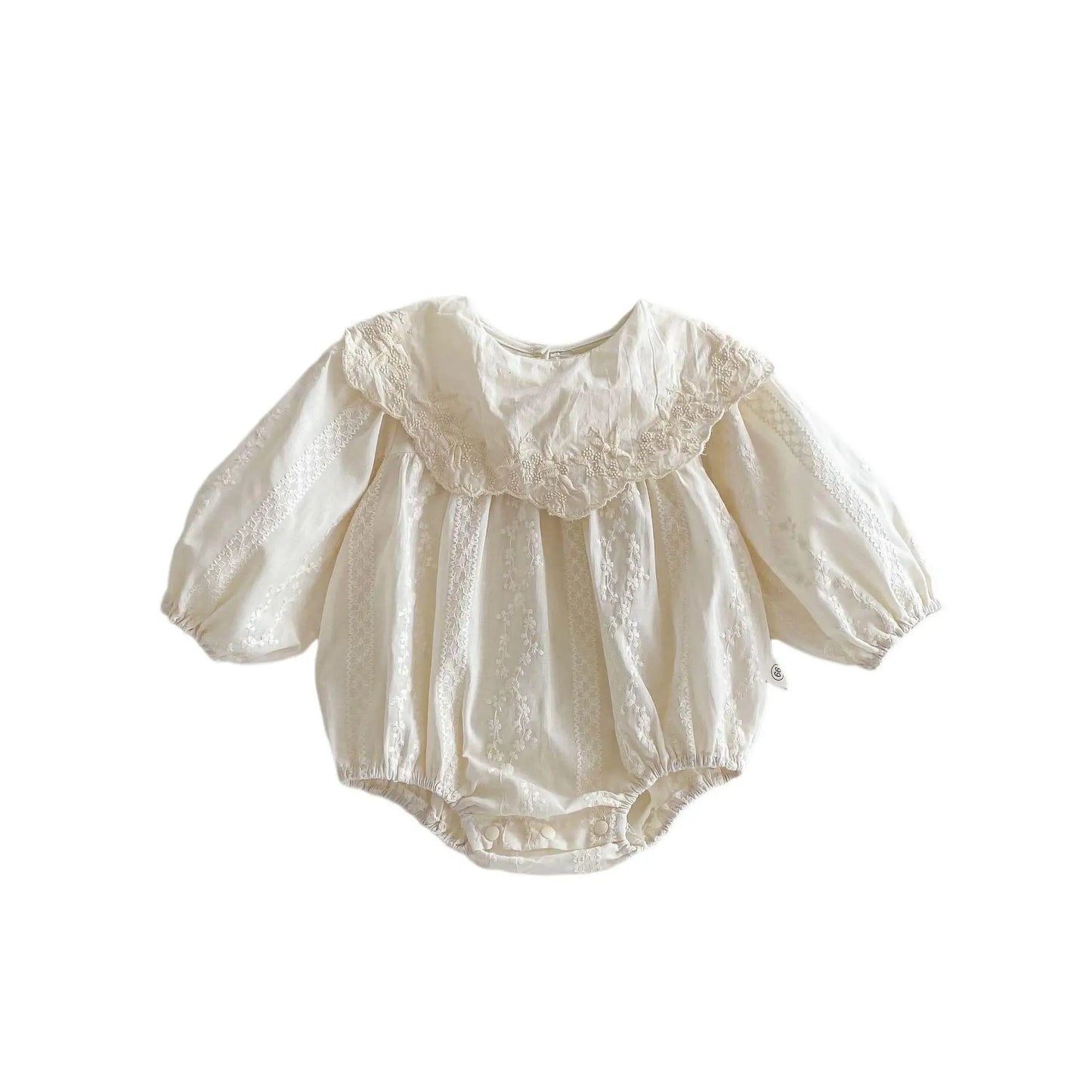 -ベビーロンパース 長袖ボディスーツ フリル襟レース刺繍 ベージュ【mh0004606】 - mamahalo shop - 長袖ロンパース - べビー服 - 子供服 - 男の子 - 女の子