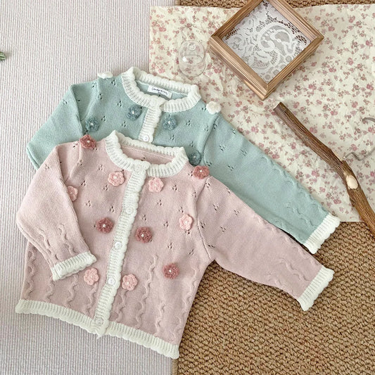 -ベビーキッズカーディガン ニットジャケット フラワー刺繍 ピンク/グリーン/2カラー【mh0004554】 - mamahalo shop - カーディガン・パーカー - べビー服 - 子供服 - 男の子 - 女の子