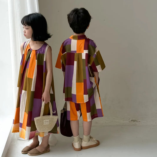 -キッズセットアップ 2点セット/ワンピース ボーイズ半袖シャツ+ショートパンツ/ガールズノースリーブワンピース 幾何学チェック リンクコーデ 兄弟姉妹 お揃いコーデ - mamahalo shop - 半袖セットアップ - べビー服 - 子供服 - 男の子 - 女の子
