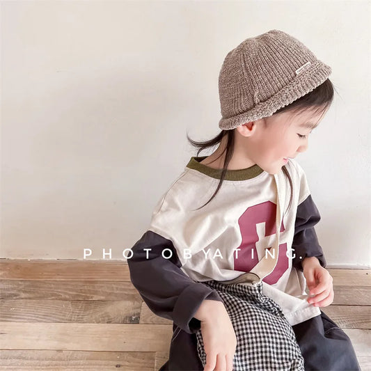 -キッズトップス 長袖Tシャツ パッチワーク レターロゴプリント 2カラー - mamahalo shop - 長袖Tシャツ - べビー服 - 子供服 - 男の子 - 女の子