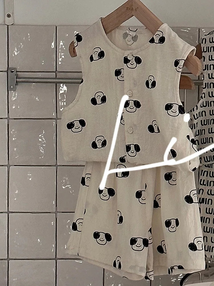 -キッズセットアップ 2点セット コットンリネン プリントノースリーブトップス+ショートパンツ 5柄 - mamahalo shop - ノースリーブセットアップ - べビー服 - 子供服 - 男の子 - 女の子