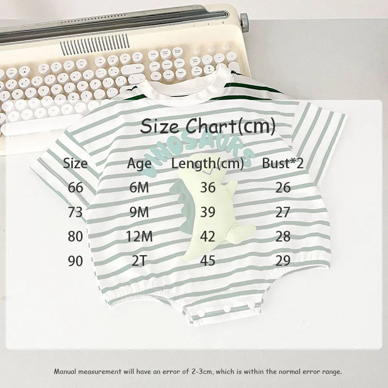 -ベビーロンパース 半袖ボディスーツ ボーダー 恐竜アップリケ【mh0006266】 - mamahalo shop - 半袖ロンパース - べビー服 - 子供服 - 男の子 - 女の子