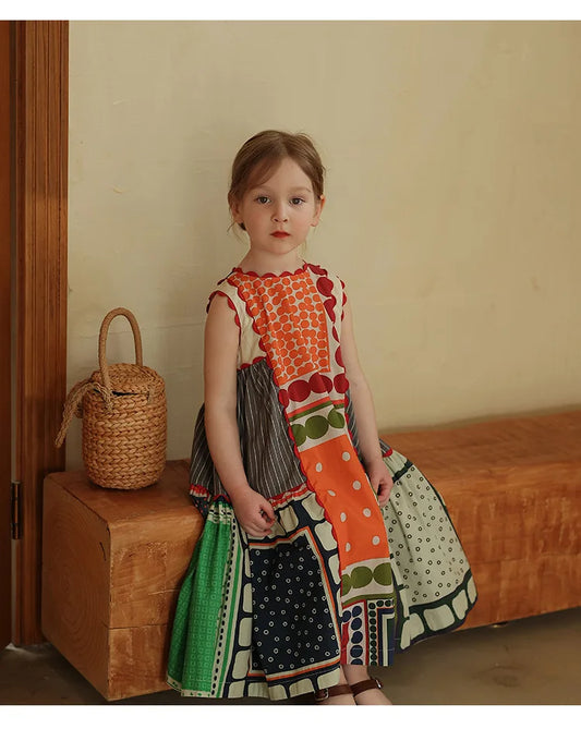 -キッズワンピース ノースリーブパッチワーク幾何学サマードレス 北欧風【mh0006025】 - mamahalo shop - ノースリーブワンピース - べビー服 - 子供服 - 男の子 - 女の子