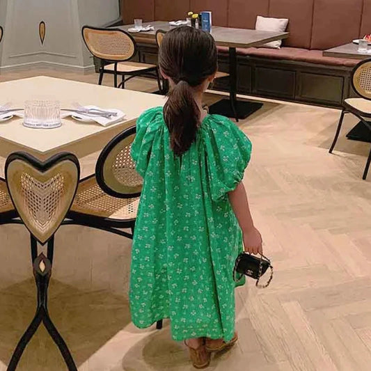 -キッズワンピース 半袖パフスリーブルーズワンピース グリーン【mh0006110】 - mamahalo shop - 半袖ワンピース - べビー服 - 子供服 - 男の子 - 女の子